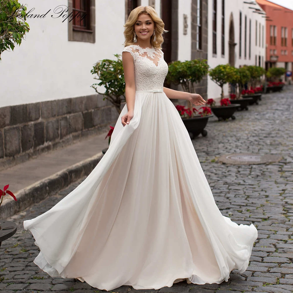 Lceland Poppy Customized A Line O Neck Beach Wedding Dresses Cap Sleeves Lace Appliques Floor Length Bridal Gowns