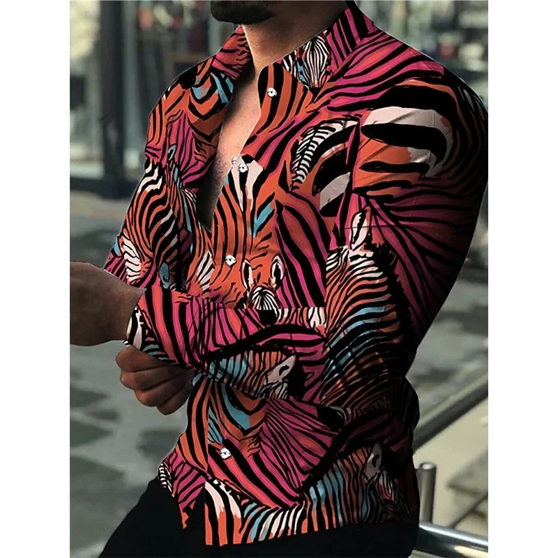 Men's retro long sleeved shirt with retro 3D pattern tiger head long sleeved shirt suitable for men's casual outdoor party shirt