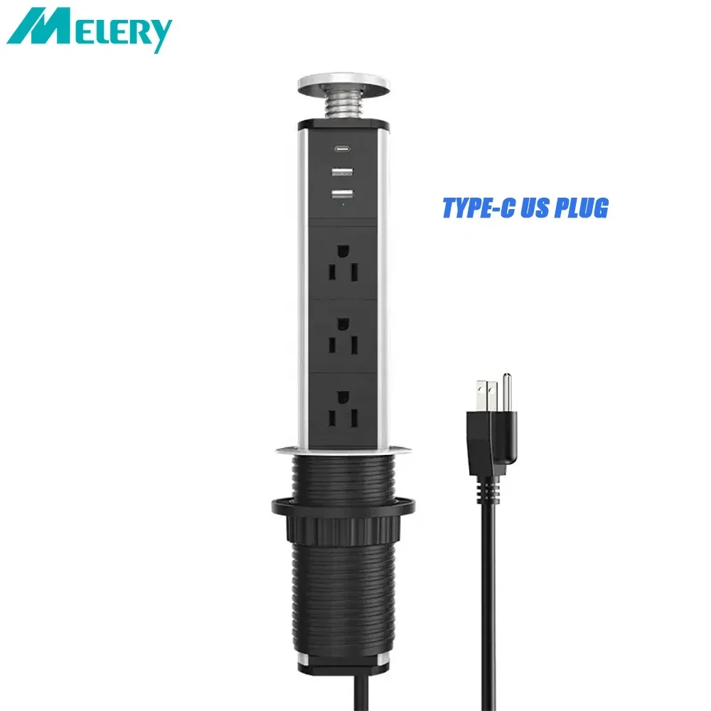 Melery Power Strip USB Type-C US Plug Outlet Hidden POP UP Socket Electrical Desktop Counter tops Worktop Kitchen Extention Cord