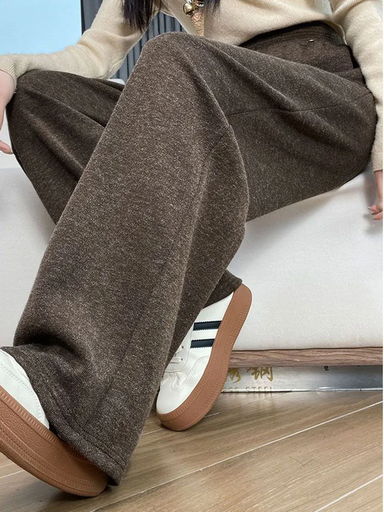 فضفاض الصوف السراويل المستقيمة شتاء دافئ مرونة عالية الخصر واسعة الساق Sweatpants الكورية موضة الصلبة المخملية اصطف بنطلونات جديد #4