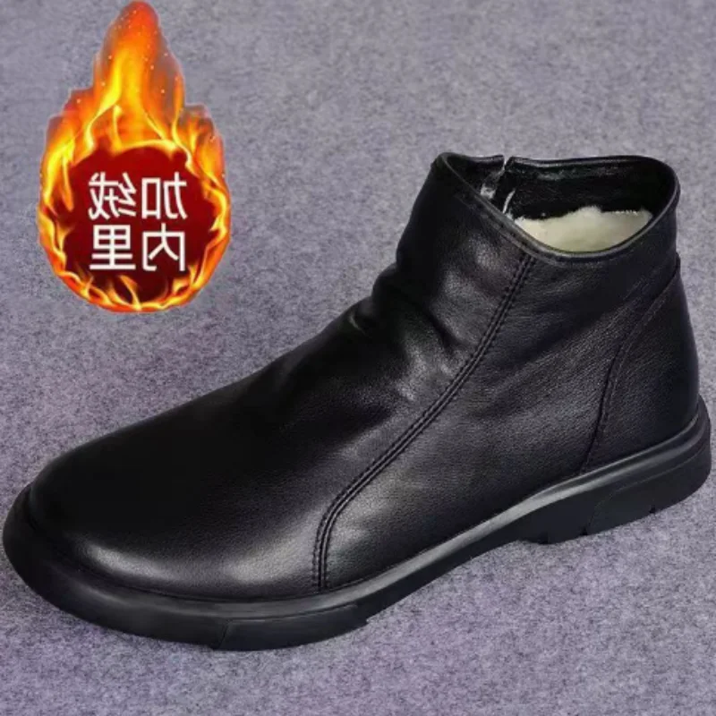 

ZXRYXGS Genuine Leather Side Zipper Men Boots Short Single Casual Shoes Black 2025 Soft Cowhide with Velvet Winter Cotton Shoes