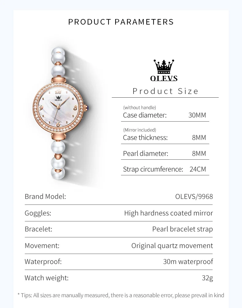 OLEVS 9968 Women\'s Quartz Watches Synthetic Pearl Watchband Elegant Luxury Diamond Bezel Design 30m Waterproof Ladies Wristwatch