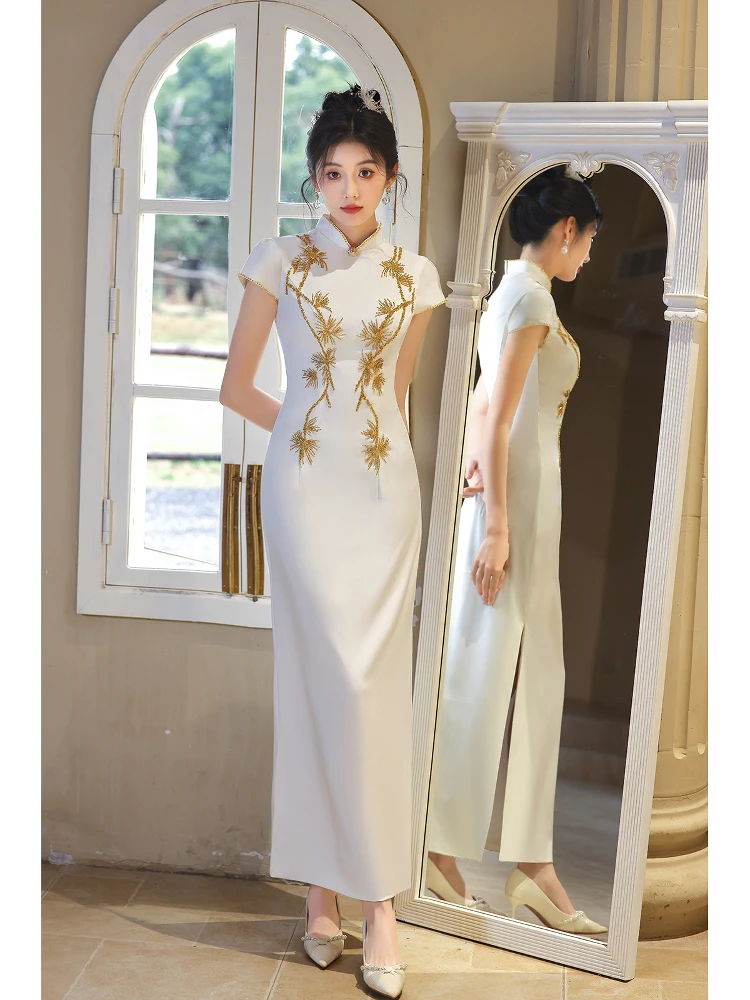 

Вечернее платье-ципао с богатой отделкой для выпускного, художественных экзаменов, выступлений, свадеб и новогодних мероприятий, стройнящее, для ведущих и участников.