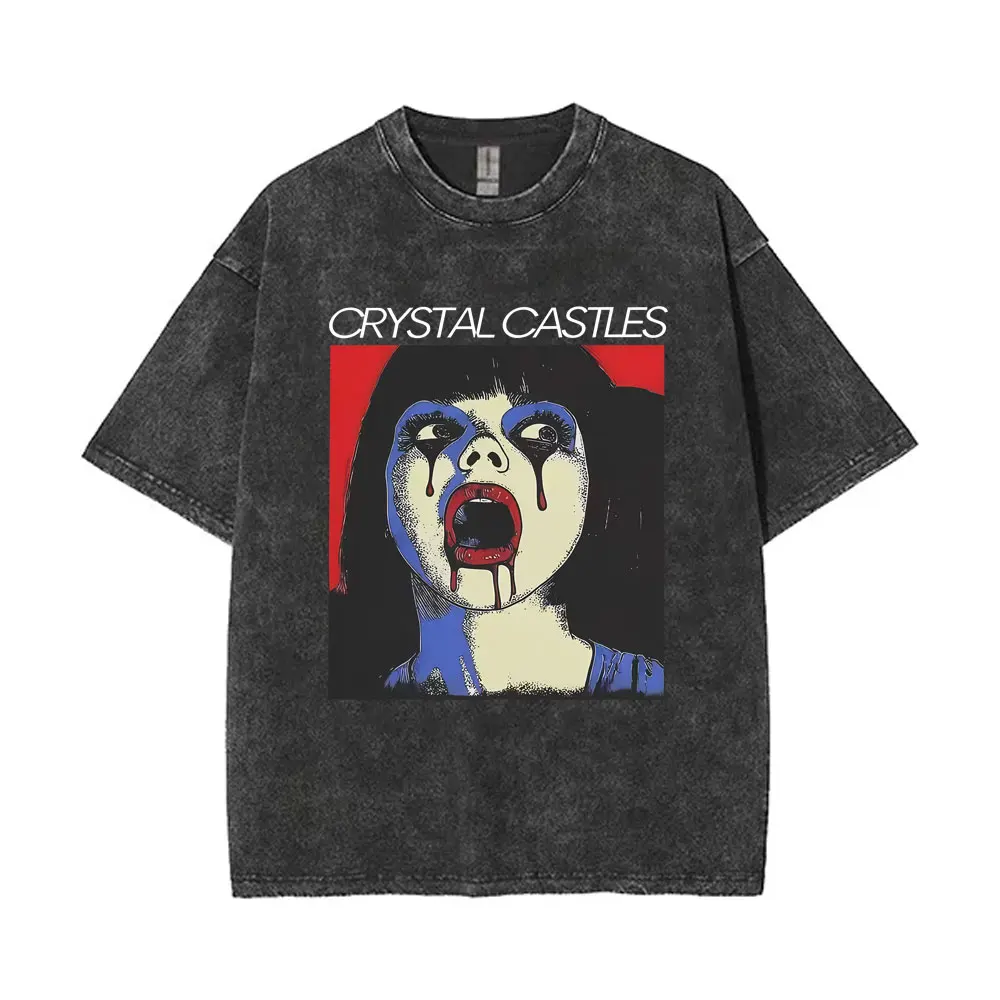 

Washed Vintage Crystal Castles Graphic T-shirt Men Women Retro Gothic Rock Oversized T Shirts Male High Quality Cotton T-shirts