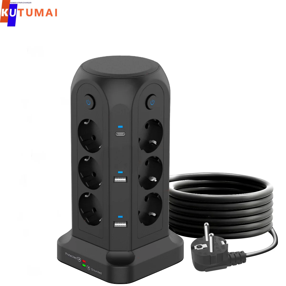 Tower Power Strip Multiple Electrical Socket 12 Outlets 6USB Ports,Surge Protector With 6.5Ft Extension Cable EU For Home Office