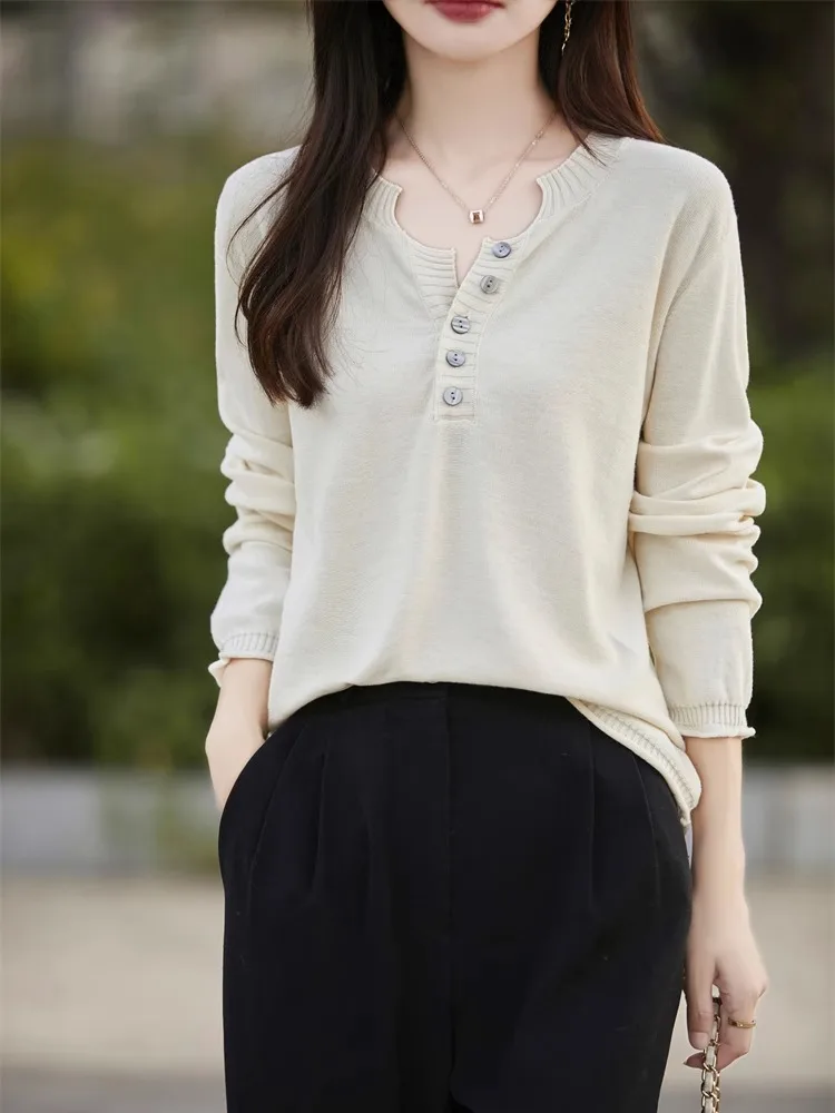 เสื้อสเวตเตอร์ถักทรงหลวมสำหรับผู้หญิง ผ้าฝ้ายแท้ 100% คอวี ทรงเข้ารูป สวมใส่สบาย เหมาะสำหรับฤดูใบไม้ร่วงและฤดูหนาว