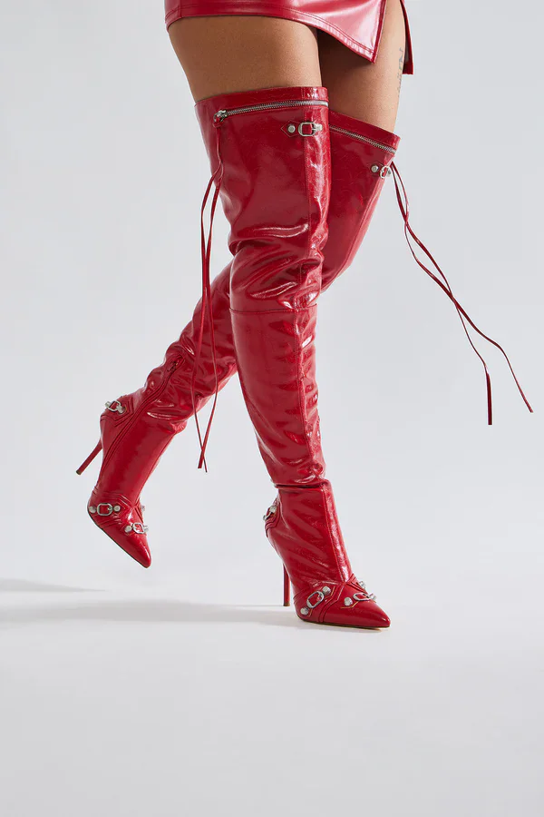 Tassel Rivets Red Patent Leather Thigh Boots Over Knee Sexy Women Pointed Stiletto Heels Pointed Texture Zip Pants Booties Shoe