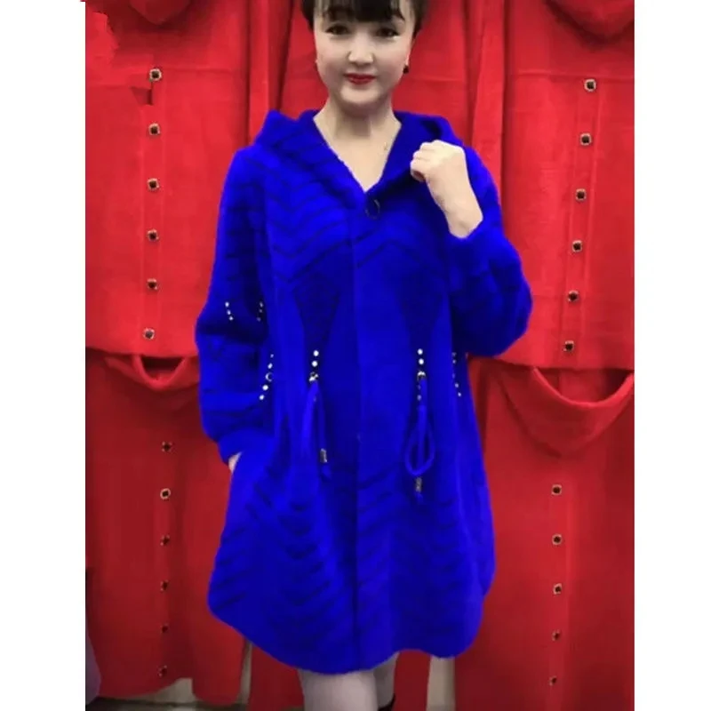 2024 New Autumn Winter Middle Aged Elderly Mother Imitation Mink Velvet Coat Women Long Thicken Hooded Knitted Cardigan Female