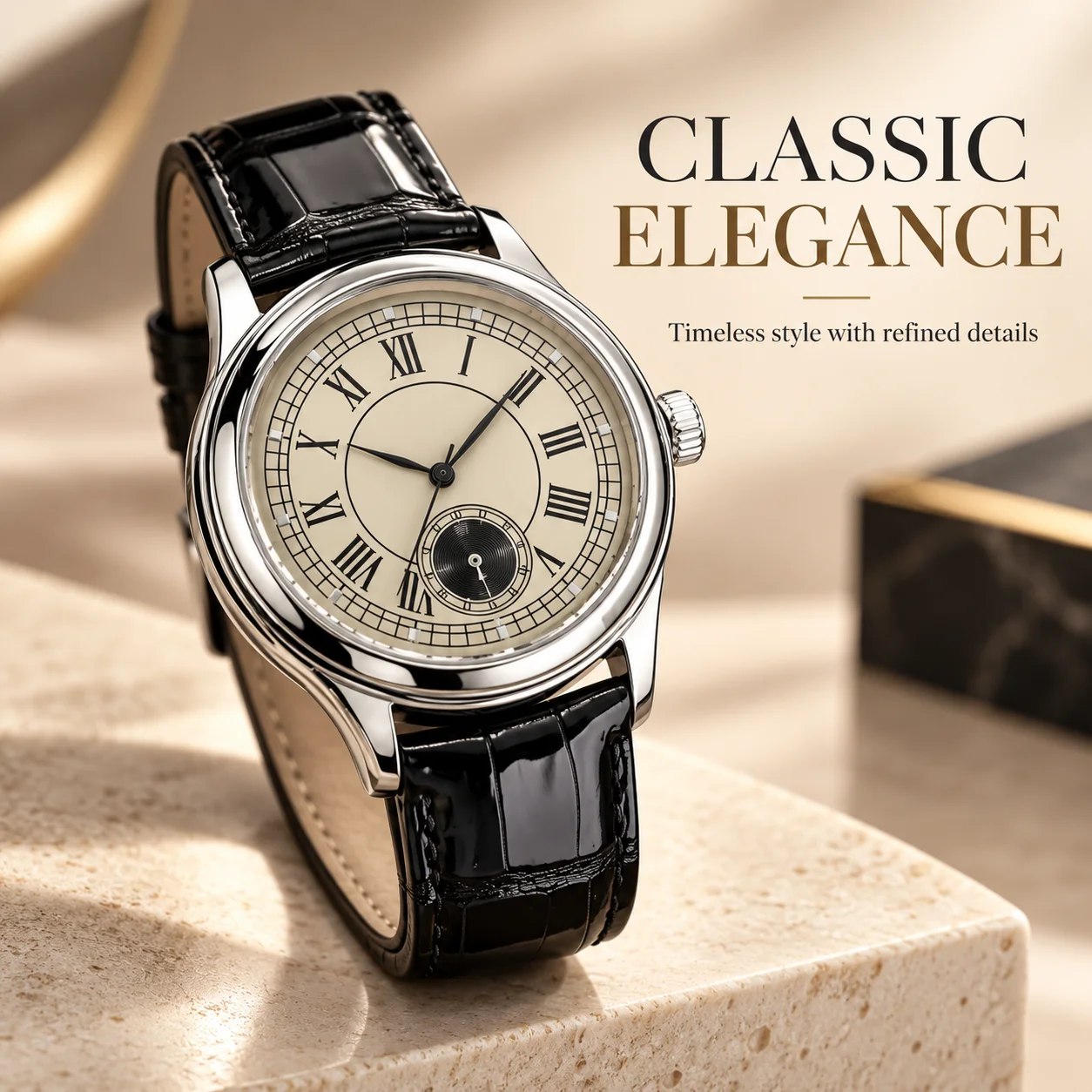 Men's Classic Roman Numeral Analog Wristwatch, Silver-Tone Round Case, Cream Dial, Black Textured Strap, Vintage Business Dress