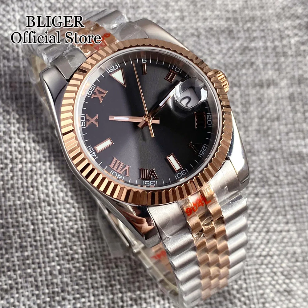 BLIGER-Relógio Automático Masculino, Bracelete de Aço, Vidro Safira, Mostrador Cinza, Two Tone, Ouro Rosa, Roman Numbers, NH35A, 36mm, 39mm