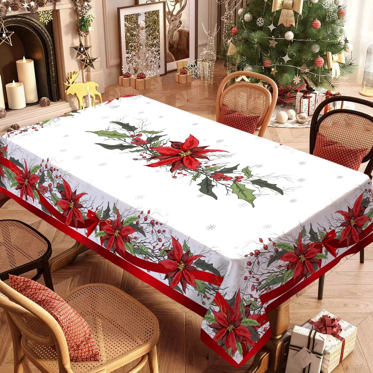 Christmas Tablecloth Rectangle, Christmas Decorations For Home Poinsettia Table Cloth Festival, Suitable for Parties/Dinners