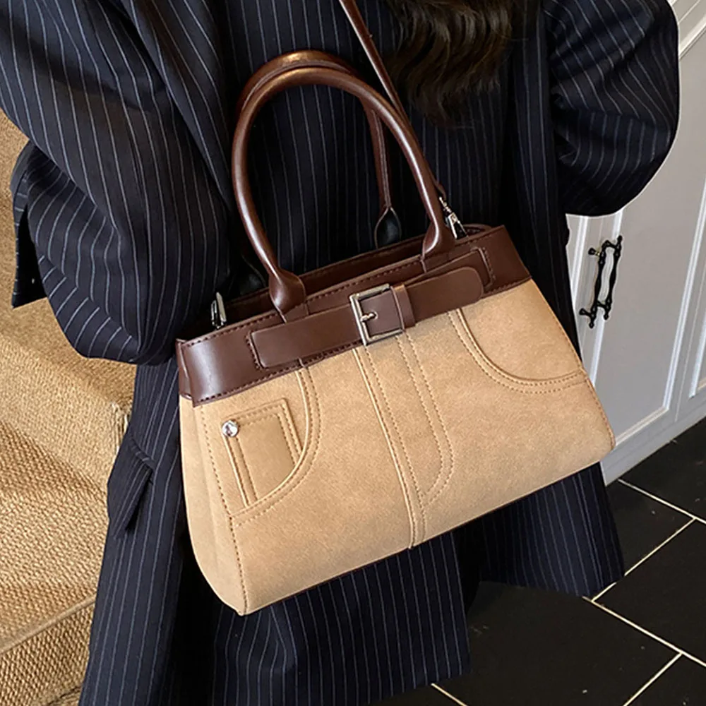 

Frosted Pu Patchwork Crossbody Bag Women Autumn Winter Vintage Square Zipper Handbags Versatile Daily Commute One Shoulder Bags