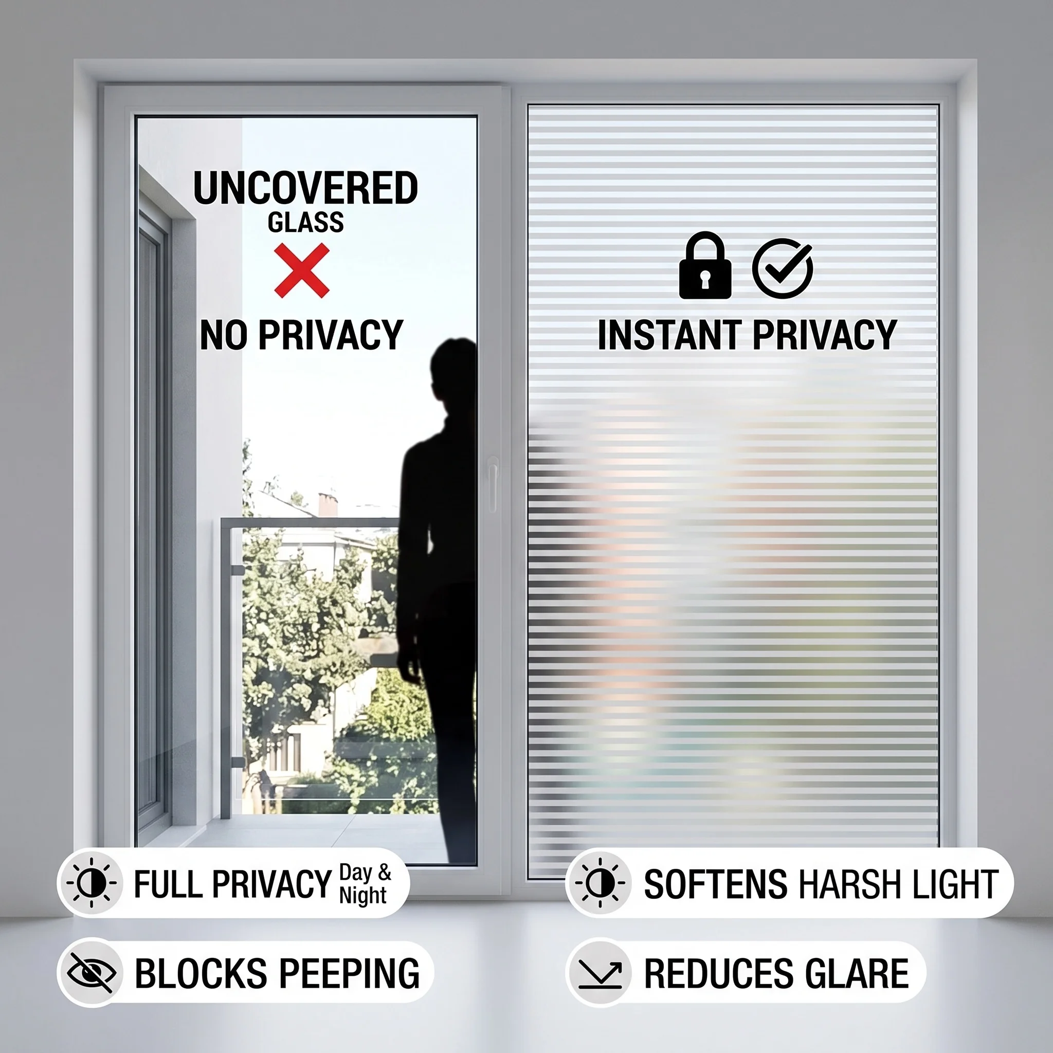 Frosted Privacy Self-Adhesive Window Film UV-Block Waterproof Easy Clean Bathroom Glass Sticker with Horizontal Stripes for Home