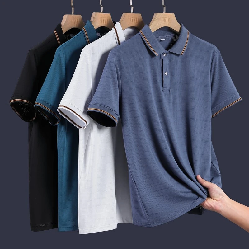 Smart Casual Summer Men's Solid Turn-down Collar Button Ice Silk Quick Drying Trend Versatile Short Sleeve Polo Shirts Top ZL335