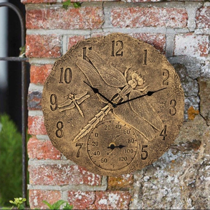 Reloj pared impermeable libre del jardín resina KX4B Reloj pared con termómetro para hogar