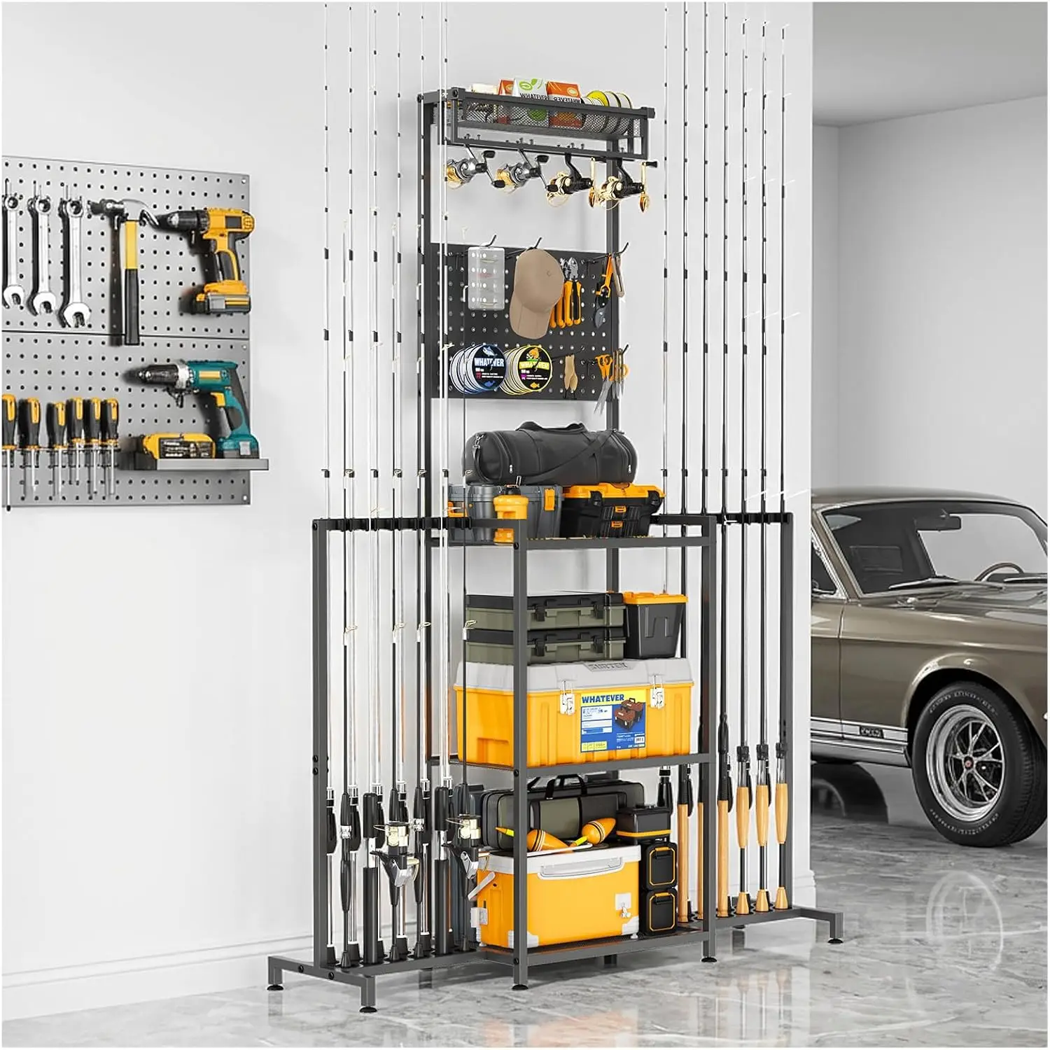 

Вертикальный держатель для удочек для хранения в гараже, вмещает до 24 удилищ с системой крепления катушек и металлической сетчатой корзиной.