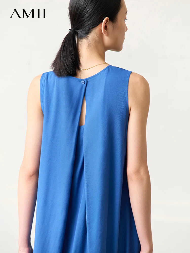 AMII-Vestido largo minimalista para mujer, prenda lisa sin mangas, cuello redondo, 2023