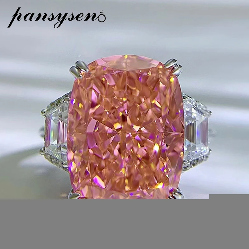 PANSYSEN Sparkling 100% 925 Sterling Silver Cushion Cut 11x15MM Orange Pink Sapphire Gemstone Ring Weeding Party Fine Jewelry