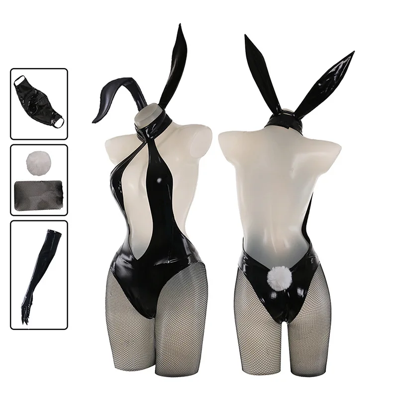 Japanese Illustration Bunny Girl Uniform Deep V-neck Hollow Leather Bodysuit Headband Mask Outfits Cosplay Costumes