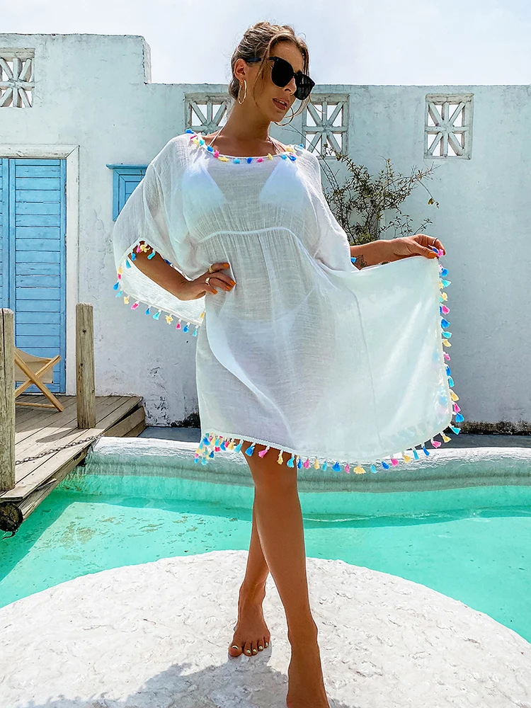 Seaside Seaside Beach Dresses Outing Long Dress Sexy Colorful Tassel Trim Tunic Bikini Cover Up Vacation Swimwear Wrap Beachwear