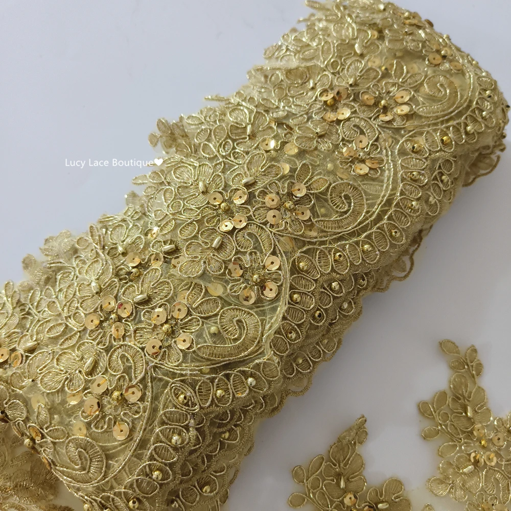 13CM Wide Uniform and Costume Gold Beading Lace Trim Embroidery Beaded Organza Trim Ribbon Lace 5 Yards,1 Yard