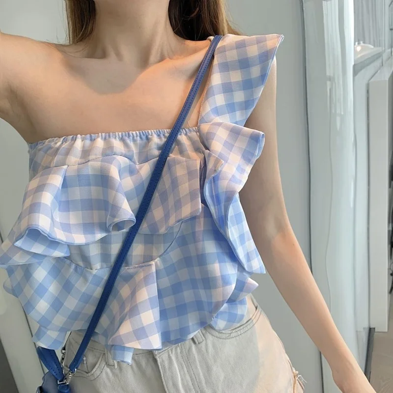 

Irregular Tube Off-shoulder Ruffled Crop Top Women's Single-shoulder Sleeveless Casual Plaid Off-shoulder Ruffled Ladies Vest