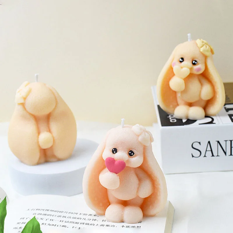 3D Cute Long-eared Rabbit Candle Silicone Mold Handicraft Shy Bunny Holding Heart Candle Gypsum Mould Cake Chocolate Decor Gifts