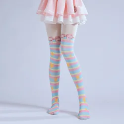 Cute Lolita Style Women's Bowknot Striped Pantyhose Two-Dimensional Rainbow Cosplay Fake Thigh-High Socks Fashion Tights