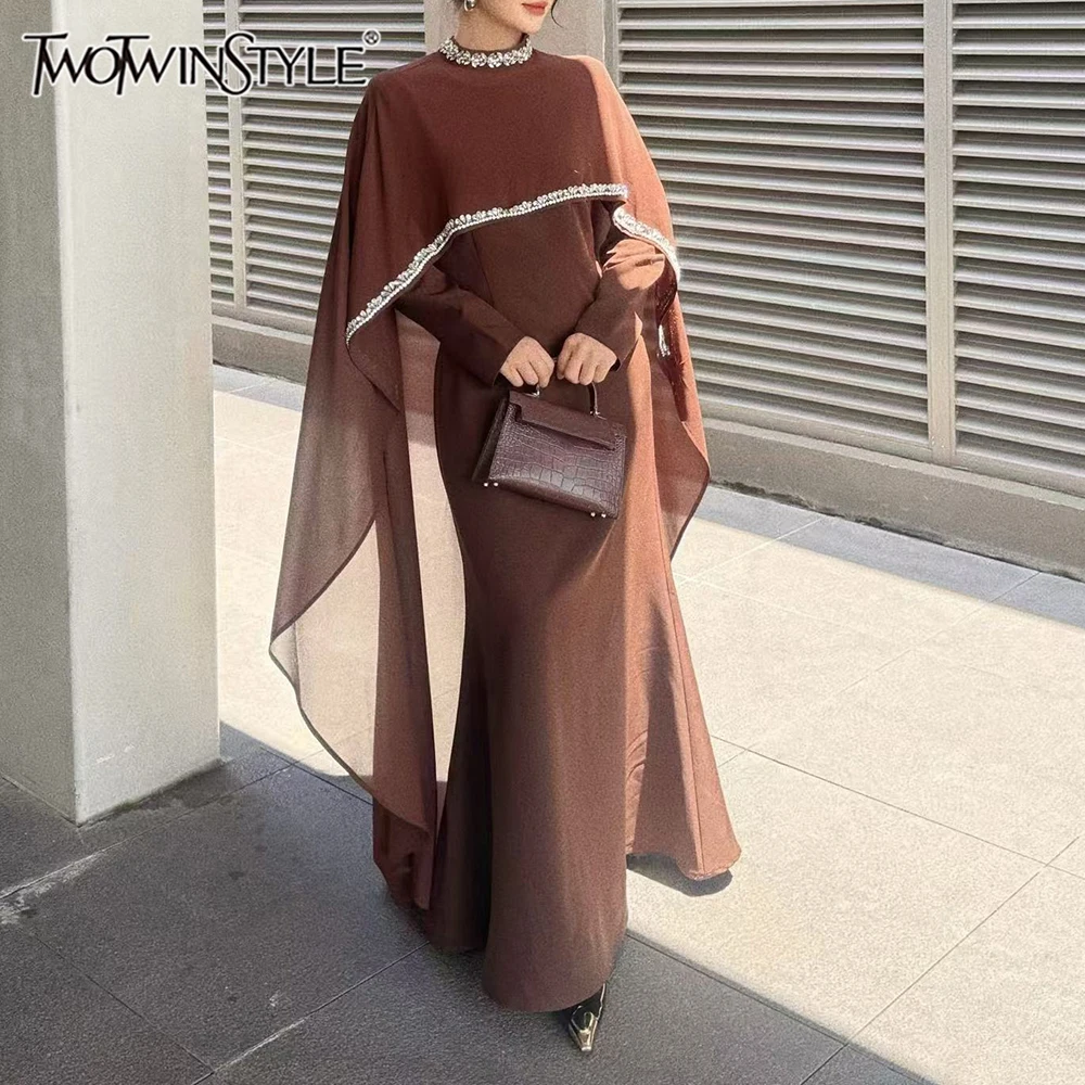 

TWOTWINSTYLE Solid Spliced Bead Temperament Dresses for Women Round Neck Long Sleeves Patchwork Ribbon Dress Female Fashion New