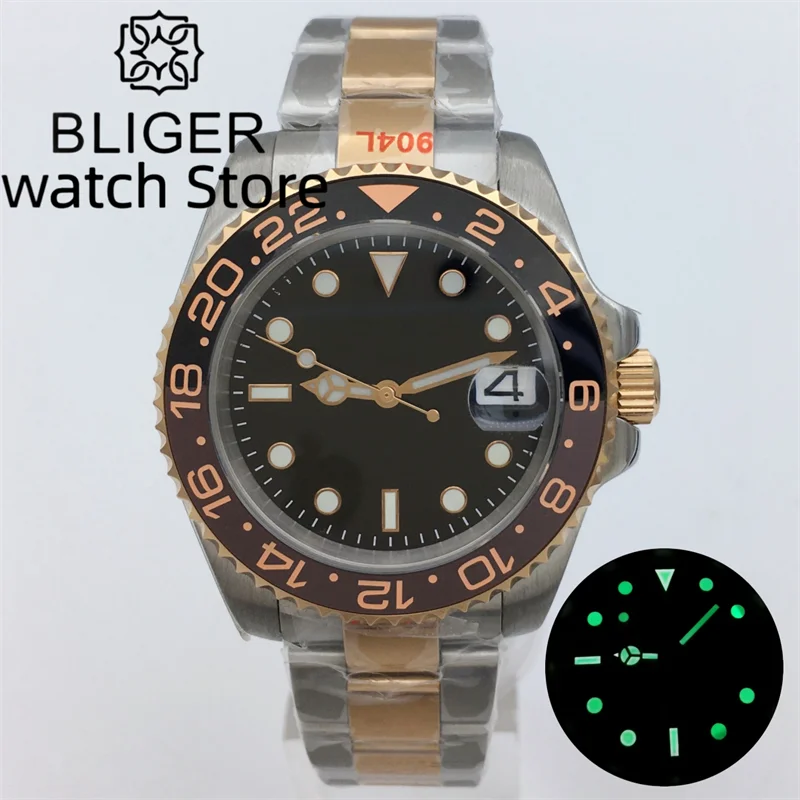 BLIGER-Montre Mécanique Nologo pour Homme, Bracelet Oyster Or Rose, Insert Céramique, Deux Tons, NH35A MIYOTA 8215, PT5000, 24 Bijoux