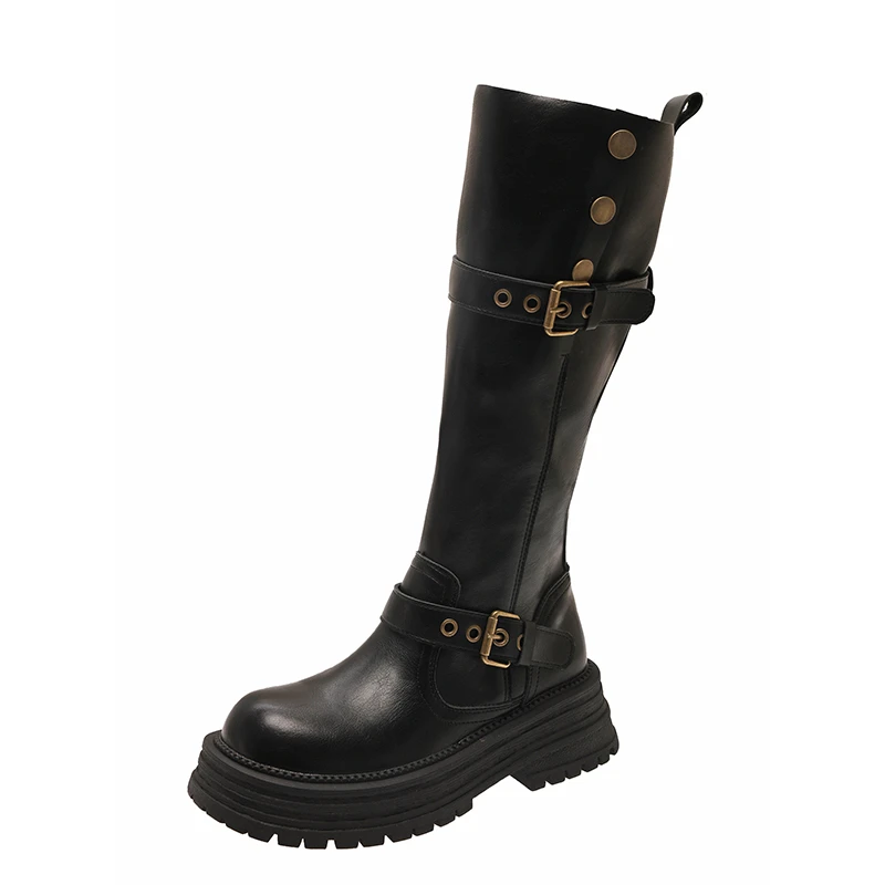 Vintage Square Heel Women Knee High Boots Fashion Slip On Shoes Autumn Winter Laides Concise Knight Long Botas De Mujer