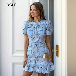 VGH Hollow Out Patchwork Belt Embroidery Dress For Women Round Neck Short Sleeve High Waist Spliced Pockets Slim Dresses Female