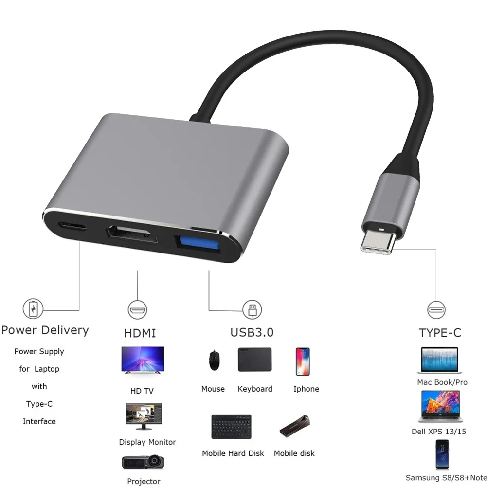 3 In 1 USB C Hub 5Gbps High Speed USB C Hub Adapter USB 3.1 Type C To 4K USB 3.0 Adapter Cable For Laptop Notebook Phones