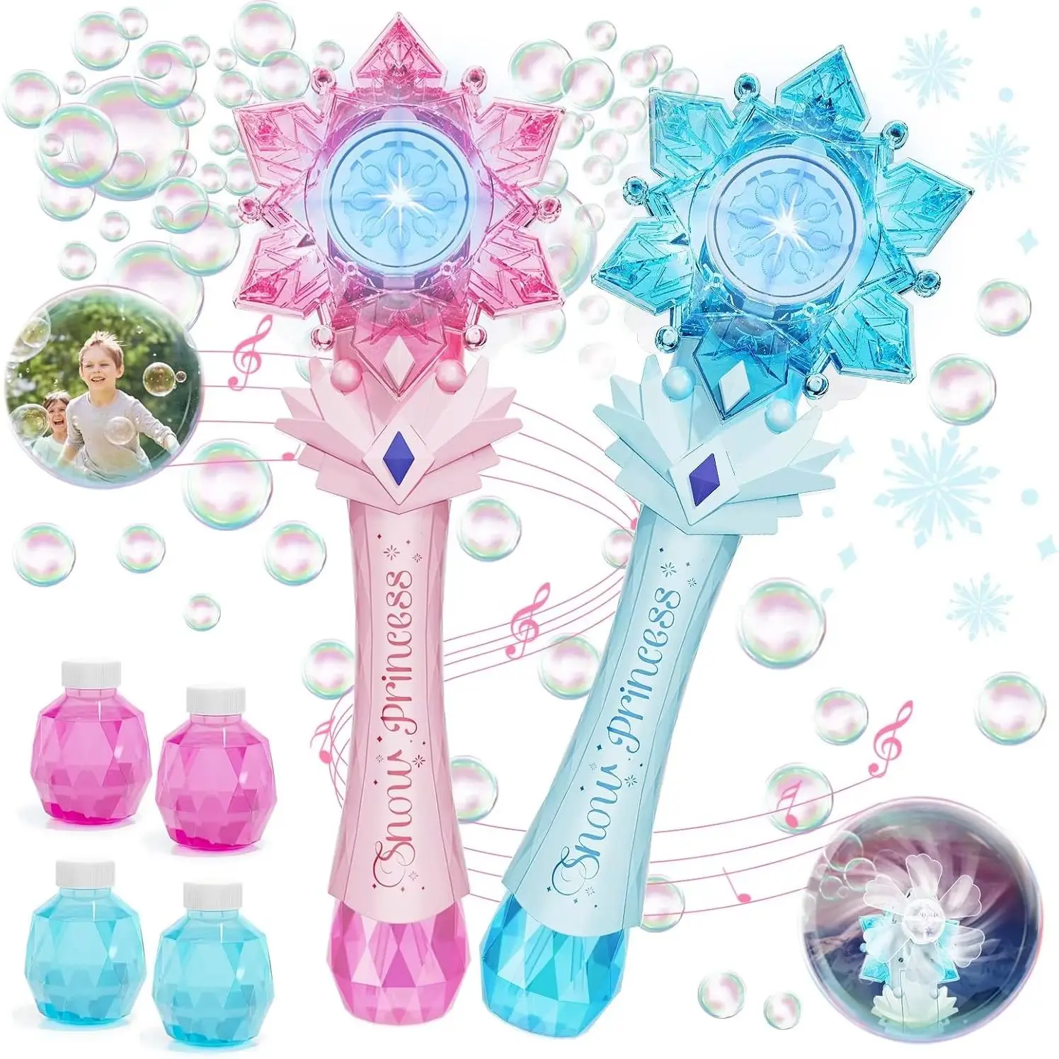 

VATOS Bubble Wands X2 for Kids Auto Snowflake Bubble Blower Light & Music Bubble Machine with 2 Windmill Outdoor Toy Girls Boys