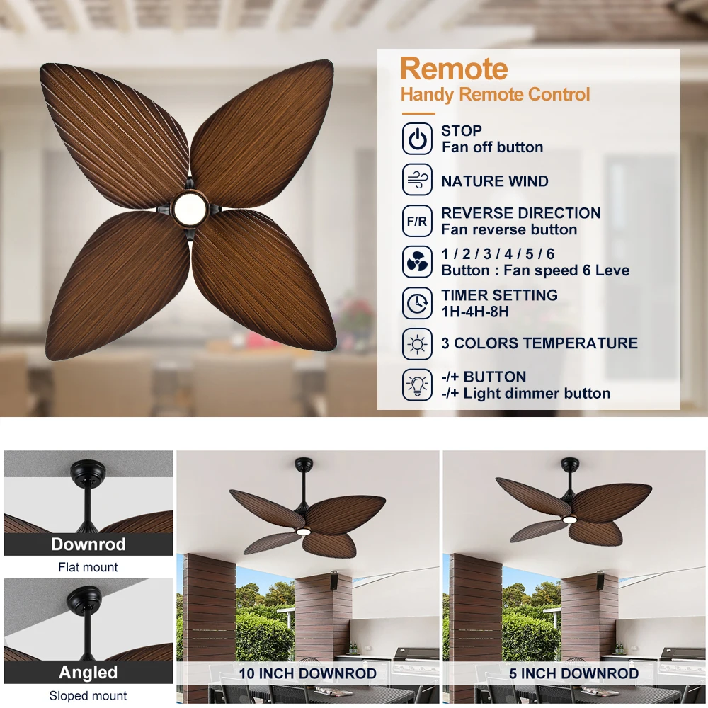 52'inch Ceiling Fan with IP55 Rating, Rattan ABS Blades & DC Motor ≤40dB, Dimmable CCT LED for Patio Gazebo, Waterproof Design