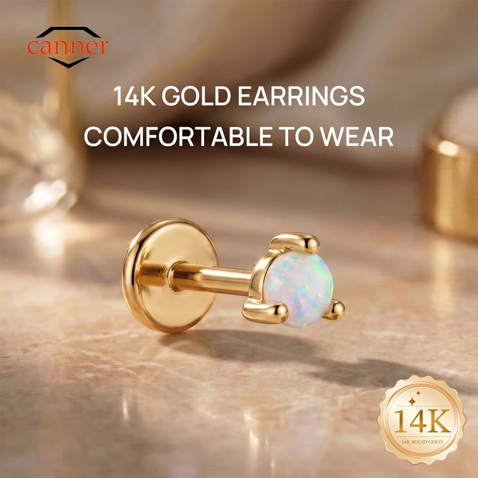 

CANNER 1PC 14K Solid Gold Three Claws Opal G23 Titanium Piercing Flat Back Ear Bone For Women Hypoallergenic Dainty Earring Gift