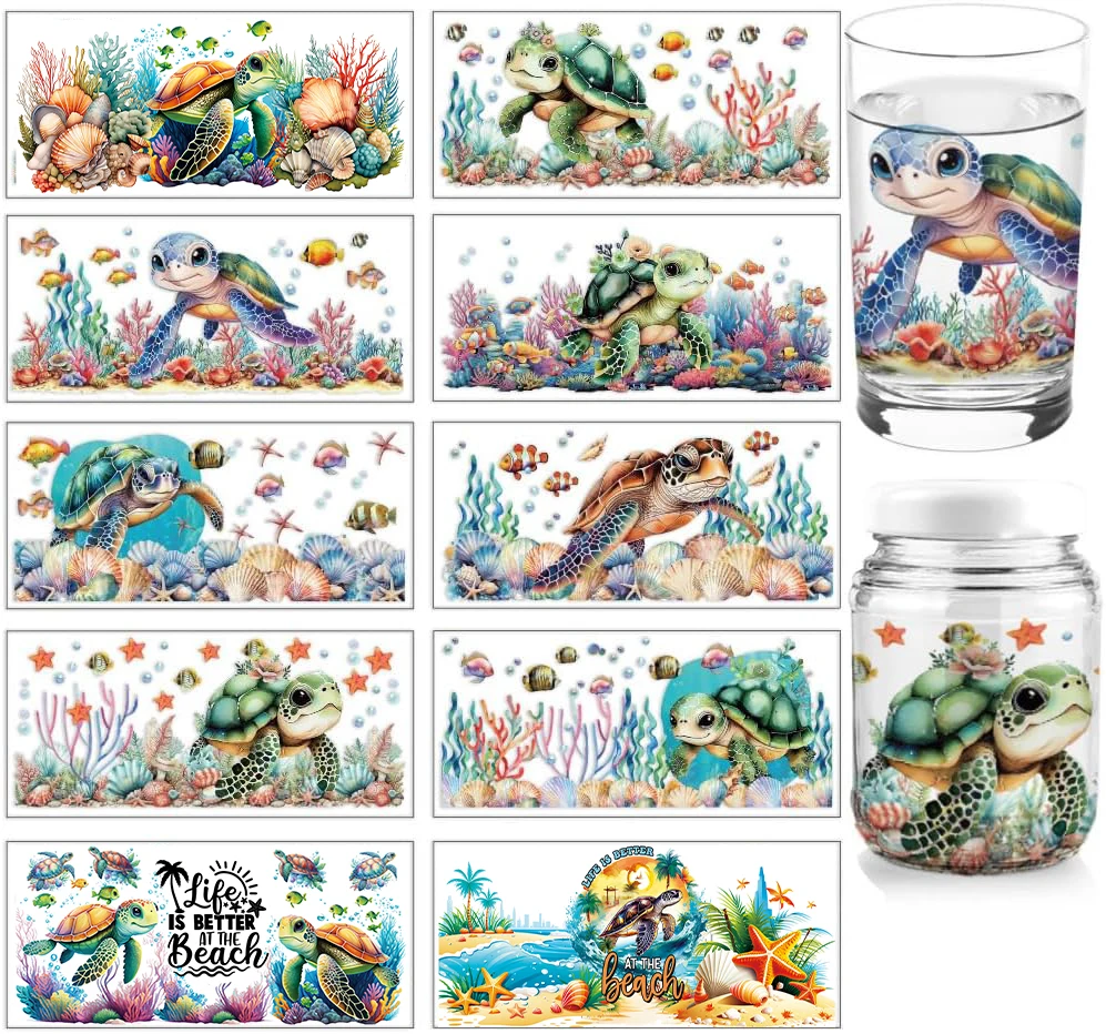 УФ-обертывания для чашек DTF, морская черепаха, рыба, водоросли, переводные наклейки из ПВХ, водонепроницаемые наклейки для стеклянных чашек 16 унций, сделай сам