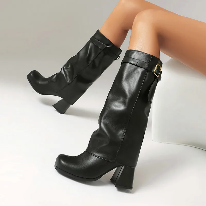 

Женские сапоги выше колена, сабо с круглым носком, сабо выше колена на платформе, резиновые кожаные женские туфли на высоком каблуке в стиле ретро, однотонные короткие шнуровки Pl