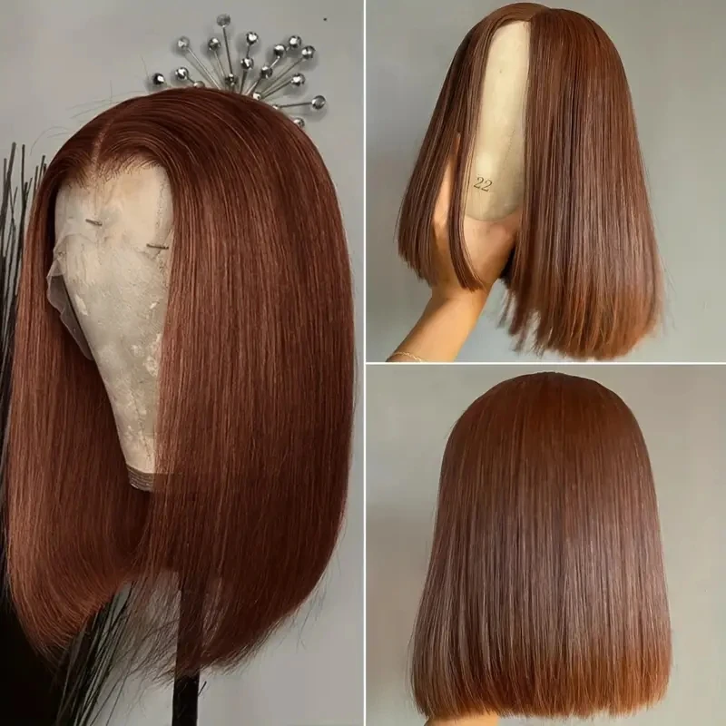 

#33 Short Bob Wig Peruvian Straight Lace Front Human Hair Wigs For Women Reddish Brown Lace Part Wig With Baby HairBrown Color