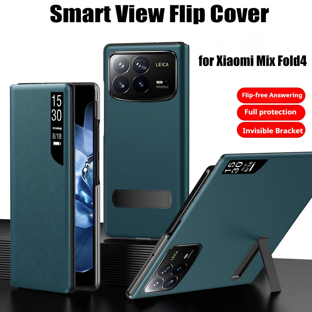 Smart View Leather Flip Cover Case For Xiaomi Mix Fold 4 Smart Wake Sleep Call ID Display with Bracket