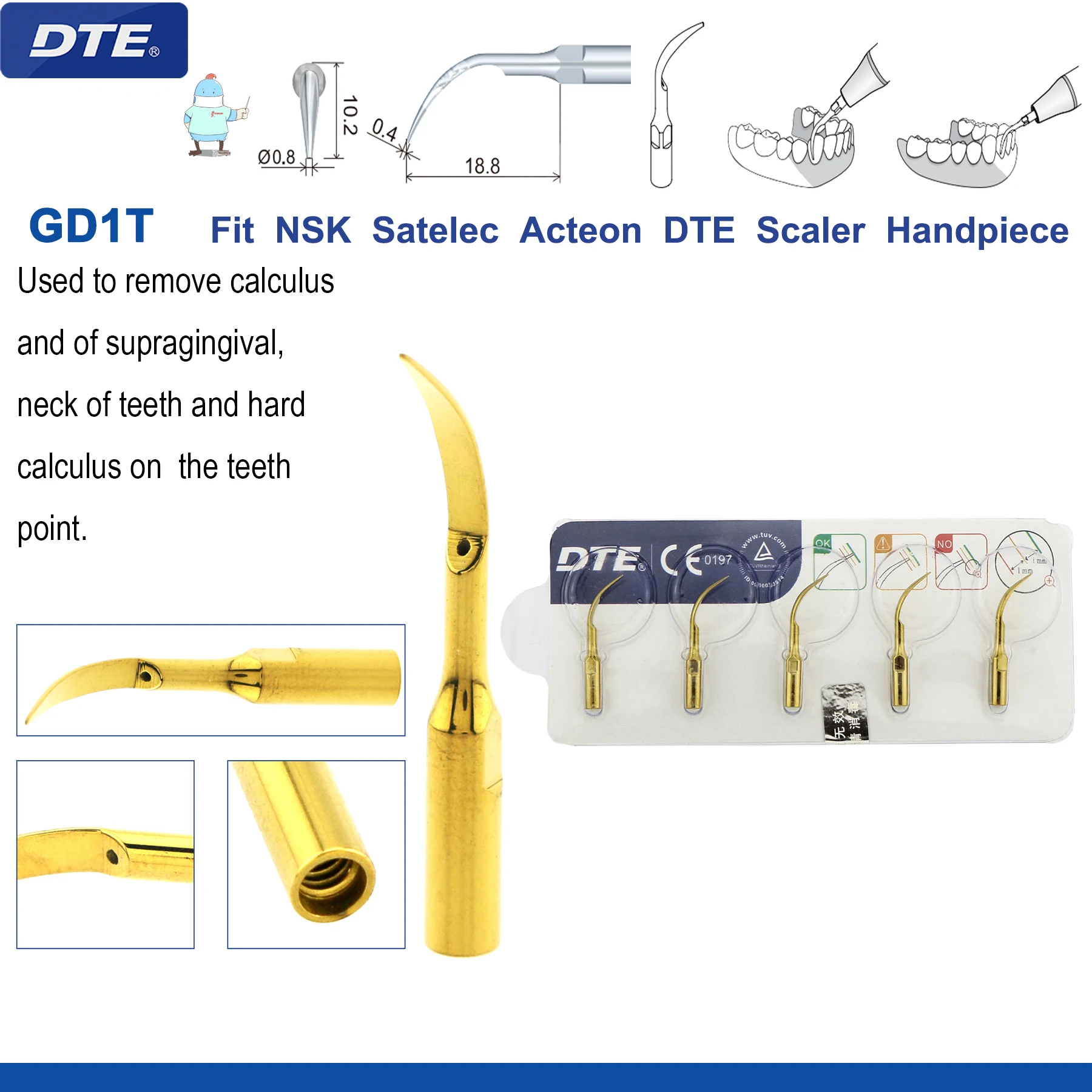 Originele Specht DTE Tandheelkundige Scaler Tips Ultrasone Scaling Tip G1-G8 GD1-GD8 Voor tanden reinigen Fit EMS NSK Satelec Acteon