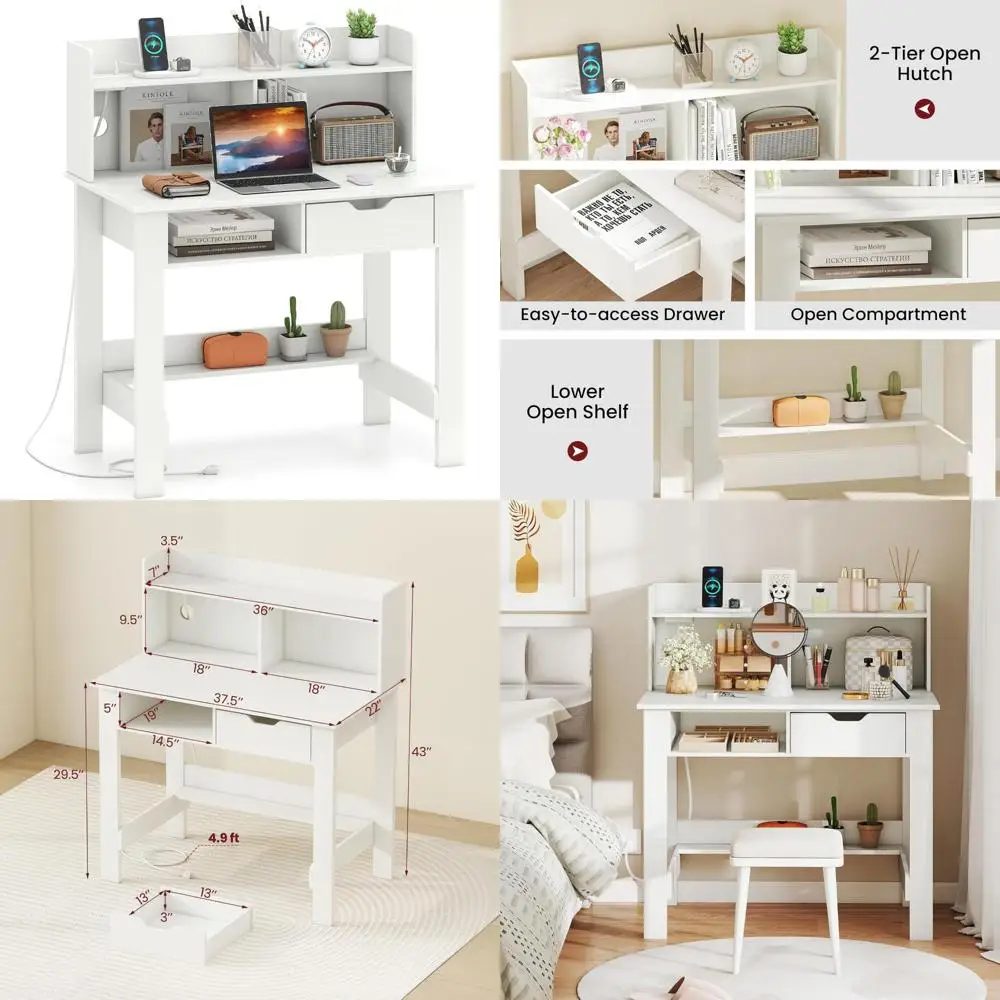 허치가 있는 Giantex 화이트 컴퓨터 책상, 전원 콘센트가 있는 홈 오피스 책상, USB 포트, 타입-C, 수납 선반 및 서랍, 모던 L