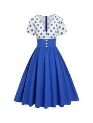 Polka Dot Women Summer Dresses Hepburn Style V-Neck Short Sleeve Vintage Print Patchwork Party Dress Casual A-Line