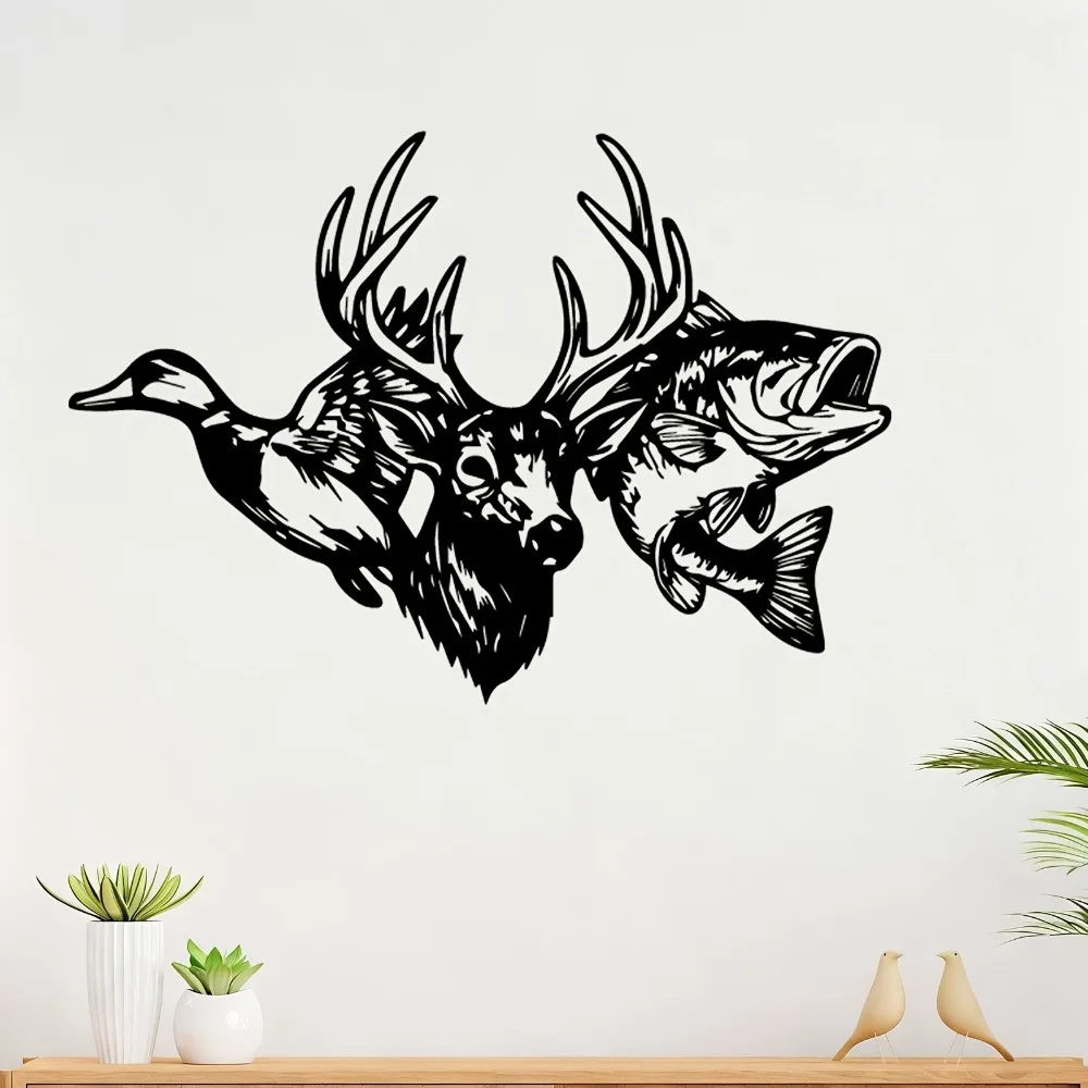 1pc Hunting Trio Metal Wall Art Deer Duck Fish Statues Rust-Resistant Iron Outdoor Wild Game Trophies for Cabin Lodge Man Cave C