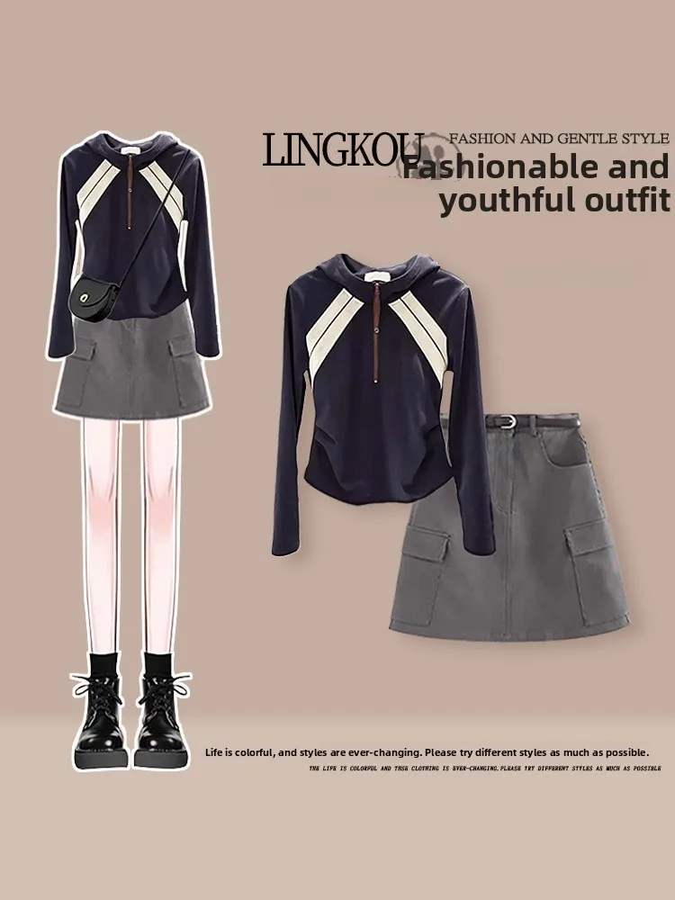 

Комплект из двух предметов: повседневный осенний костюм больших размеров для женщин, худи с цветными блоками, укороченная юбка с высокой талией в винтажном рабочем стиле