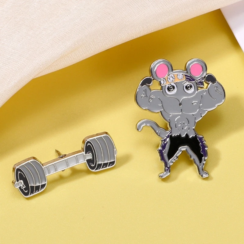 652F Playful Mouse Fitness Brooch Playful Mouse Gym/Barbell Badge Pin Portable Alloy Brooch for Fashionistas