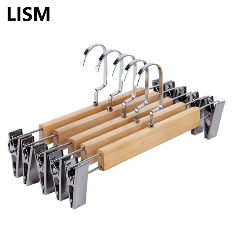 

Log 10pcs Wooden Coat Hanger Closet Organizer Non-slip Trouser Rack Wardrobe Storage Drying Skirt Metal Clip Flat Hook