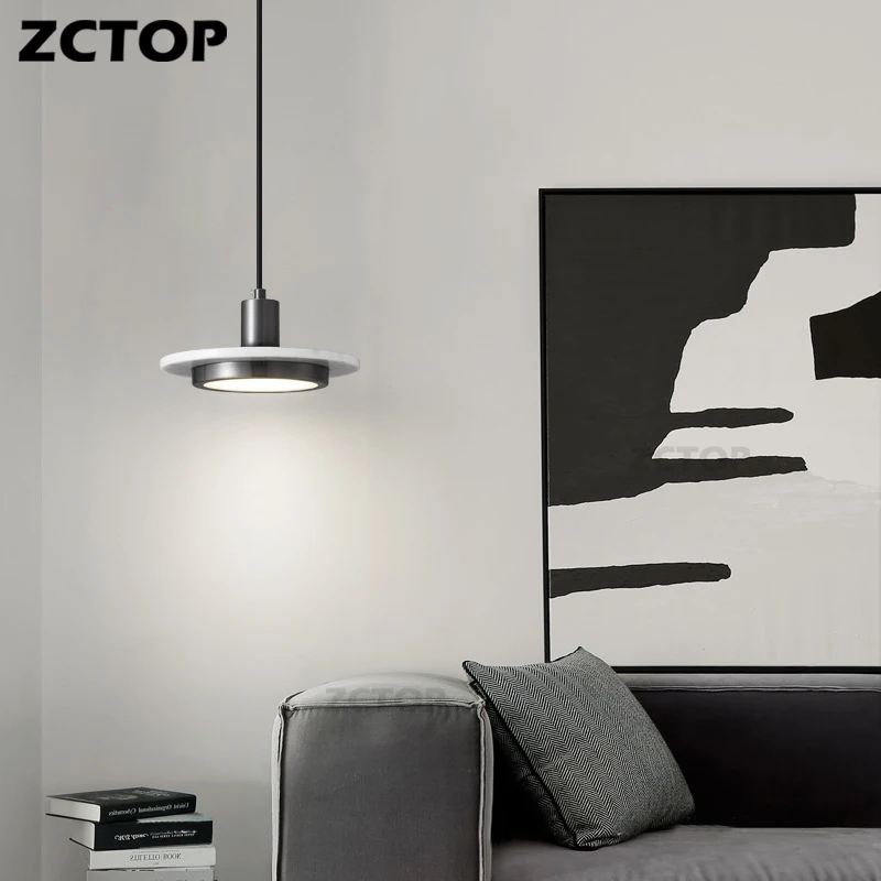 Modern LED Marble Pendant Light Aisle Dining Room Decor Chandelier Single Head Bedroom Bedside Lamp Full Copper Hanging Lighting