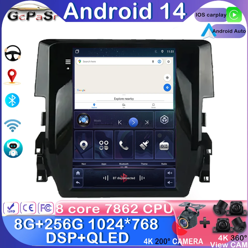 

Беспроводной Carplay Android 14 для Honda Civic 10 FC FK 2015 - 2020 Автомобильный мультимедийный проигрыватель экран навигации DSP GPS 5G WIFI BT 4G