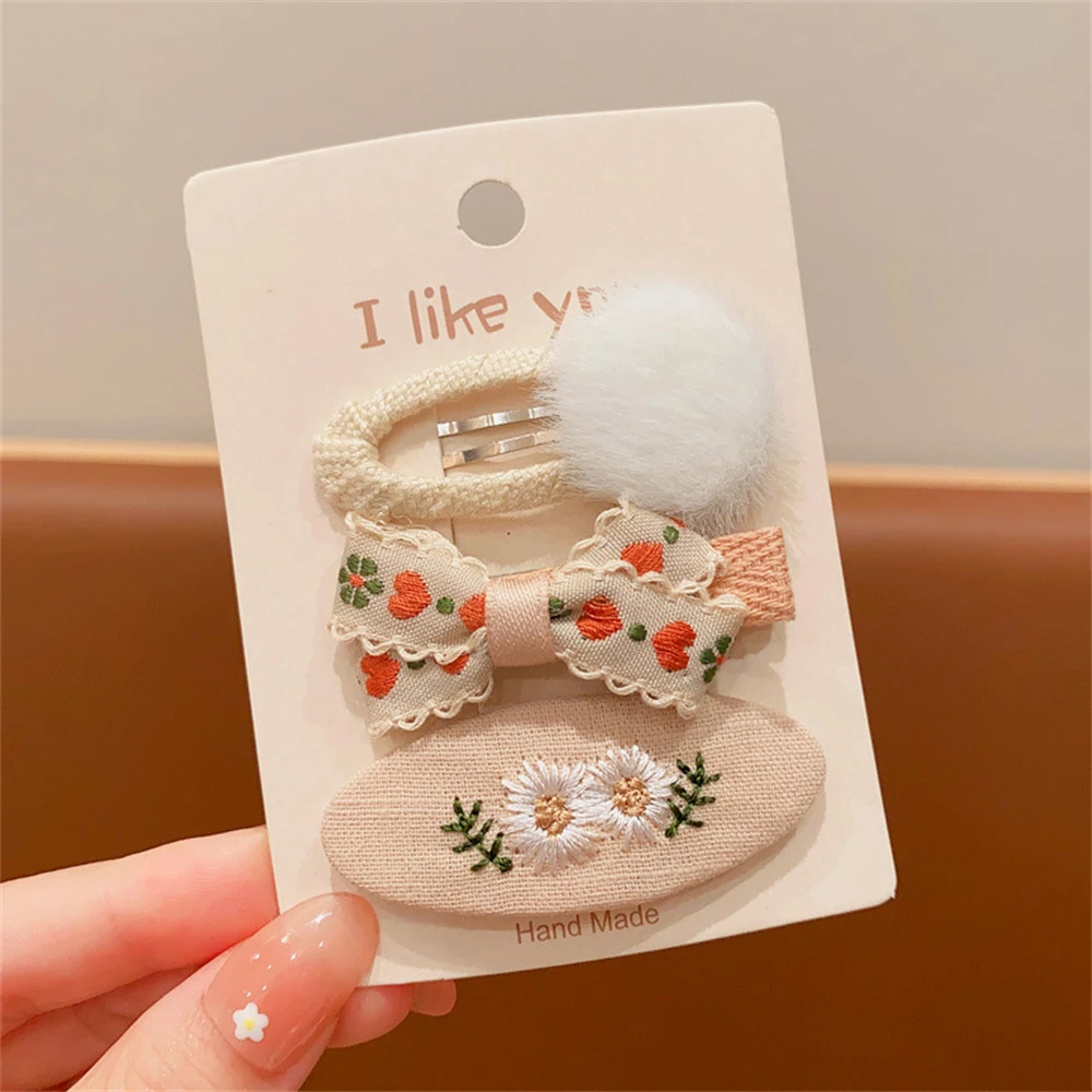 3Pcs/Set Flower Embroidery Korean Hair Pin Cute Girls Sweet BB Hair Clips For Girls Barrettes Kids Headwear Baby Accessories